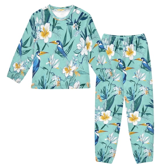 Fluffy Pajamas Set Fuzzy Winter Warm Pj Sets Pullover Tops and Long Pants Tropical Flowers and Birds Small
