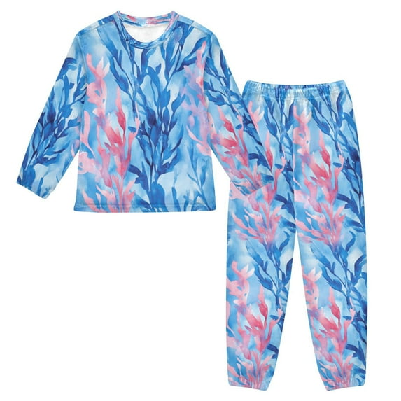 Fluffy Pajamas Set Fuzzy Winter Warm Pj Sets Pullover Tops and Long Pants Watercolor Kelp Pattern Large