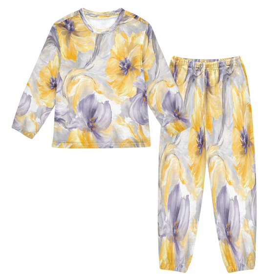 Fluffy Pajamas Set Fuzzy Winter Warm Pj Sets Pullover Tops and Long Pants Watercolor Yellow Flowers Medium