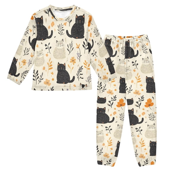 Fluffy Pajamas Set Fuzzy Winter Warm Pj Sets Pullover Tops and Long Pants White Cat and Black Cat Medium