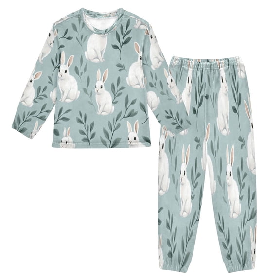 Fluffy Pajamas Set Fuzzy Winter Warm Pj Sets Pullover Tops and Long Pants White Rabbits Pattern X-Small