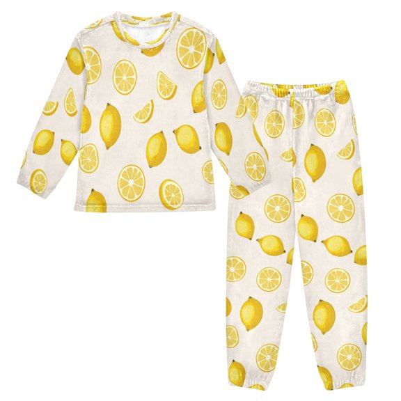 Fluffy Pajamas Set Fuzzy Winter Warm Pj Sets Pullover Tops and Long Pants Yellow Lemon Pattern Medium