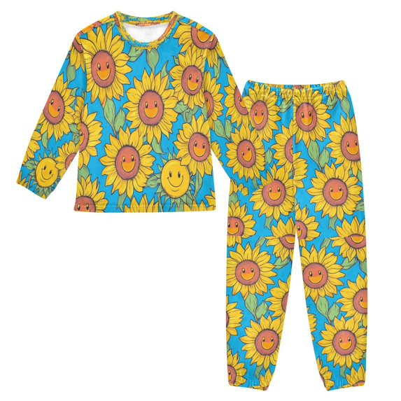 Fluffy Pajamas Set Fuzzy Winter Warm Pj Sets Pullover Tops and Long Pants Yellow Sunflowers with Happy Faces Small