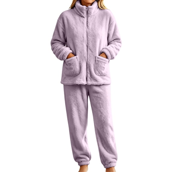 Fluffy Pajamas for Women Set Soft Comfy Fleece Pjs Pullover Pants Loose Plush 2 Piece Sleepwear Fuzzy for Winter Purple L