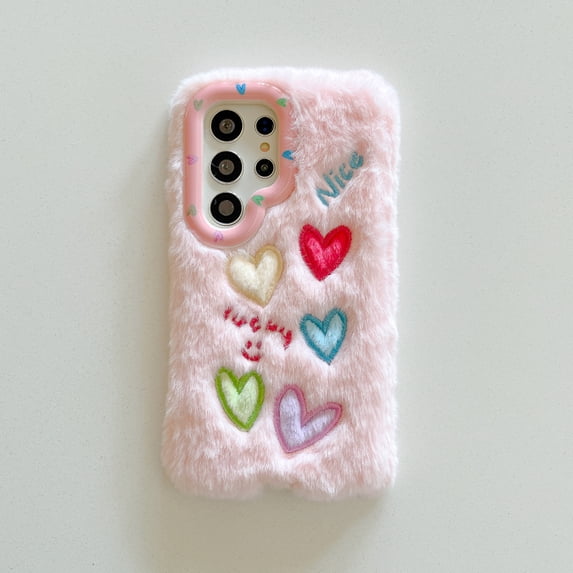 Fluffy Phone Case Compatible for Samsung Galaxy S24 Ultra, Shock-Resistant Protection, Soft Cute Heart Pattern, Cute Camera Lens Kickstand, Fuzzy Plush Design Women Girls Phone Cover, Pink