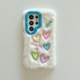 thumbnail image 1 of Fluffy Phone Case Compatible for Samsung Galaxy S24 Ultra, Shock-Resistant Protection, Soft Cute Heart Pattern, Cute Camera Lens Kickstand, Fuzzy Plush Design Women Girls Phone Cover, White, 1 of 9