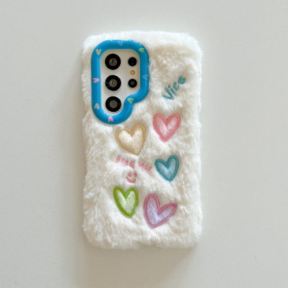 Fluffy Phone Case Compatible for Samsung Galaxy S24 Ultra, Shock-Resistant Protection, Soft Cute Heart Pattern, Cute Camera Lens Kickstand, Fuzzy Plush Design Women Girls Phone Cover, White