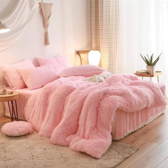 Fluffy Pink Comforter Cover Queen Set - Soft Furry Shaggy Bedding with Zipper Closure
