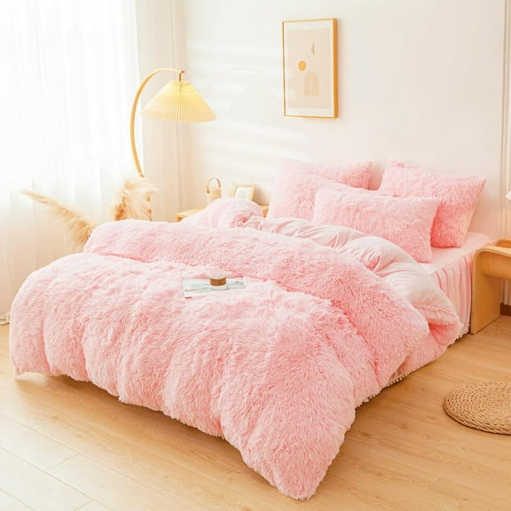 Fluffy Pink Faux Fur Comforter Cover Set, Fuzzy Plush Bedding 3Pcs (1 Faux Fur Duvet Cover +2 Fuzzy Pillowcases) Fluffy Bed Set (Pink, Queen)