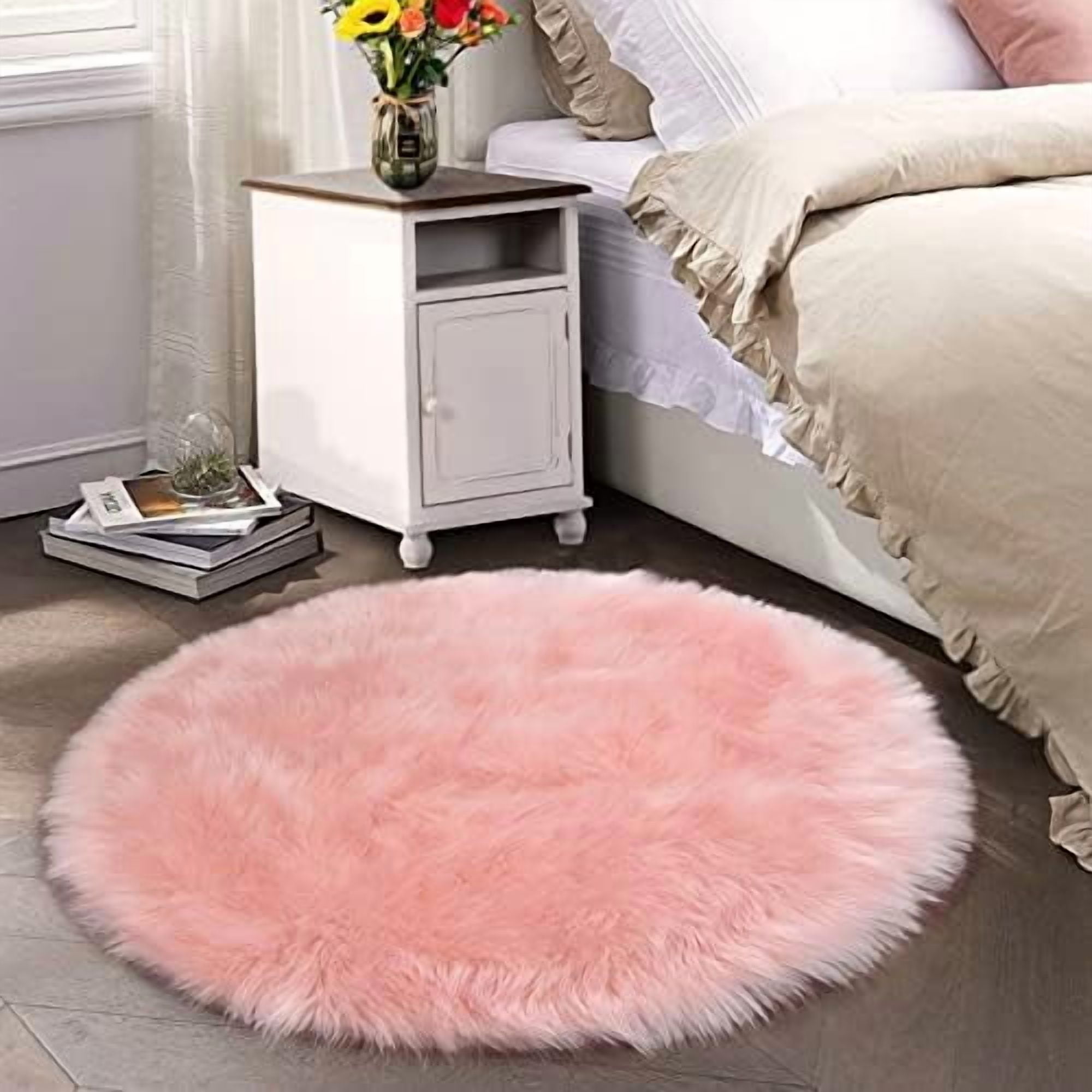 Fluffy Pink Round Rugs 6ft Circle Rug for Living Room Washable Faux Fur ...