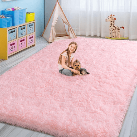 Fluffy Pink Rug for Bedroom Girls, 5x7 Soft Fuzzy P Shag Area Rug for Living Room, Cute Comfy Throw Rug for Kids, Non-Slip Indoor Shaggy Floor Carpet for Nursery Teen Dorms Home Dr Aesthetic