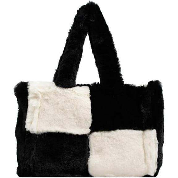 Fluffy Plaid Tote Bag for Women Large Plush Work Travel Handbag Faux Fur Hobo Shoulder Bag Y2k Furry Purse