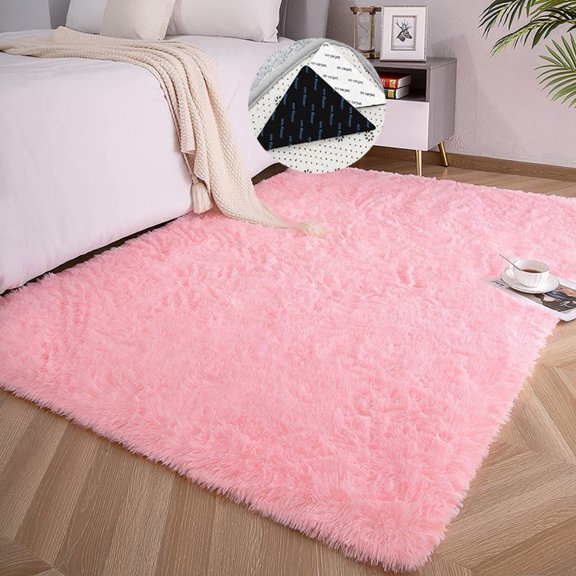 Fluffy Plush Area Rug 39" x 63" Soft and Comfortable Pink Shaggy Non Slip Backing Carpet for Bedroom Nursery Living Room Floor Mat