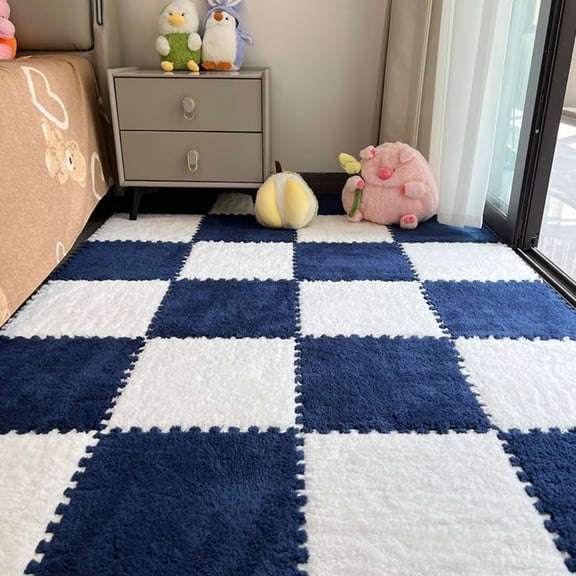 Fluffy Plush Foam Mat,12 Pcs  Soft Interlocking Square Tiles with Anti-Slip Border for Playroom and Bedroom Floor Protection