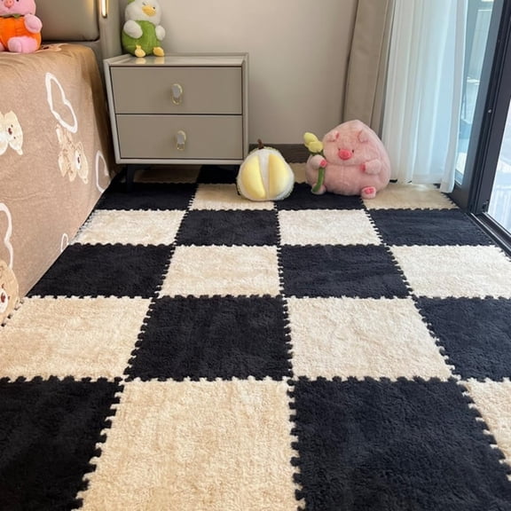 Fluffy Plush Foam Mat,12 Pcs Soft Interlocking Square Tiles with Anti-Slip Border for Playroom and Bedroom Floor Protection