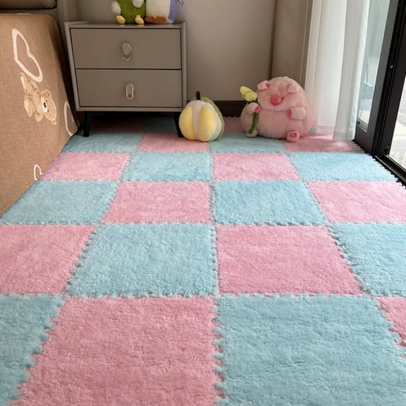 Fluffy Plush Foam Mat,12 Pcs Soft Interlocking Square Tiles with Anti-Slip Border for Playroom and Bedroom Floor Protection