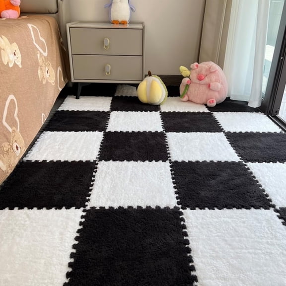 Fluffy Plush Foam Mat,12 Pcs Soft Interlocking Square Tiles with Anti-Slip Border for Playroom and Bedroom Floor Protection
