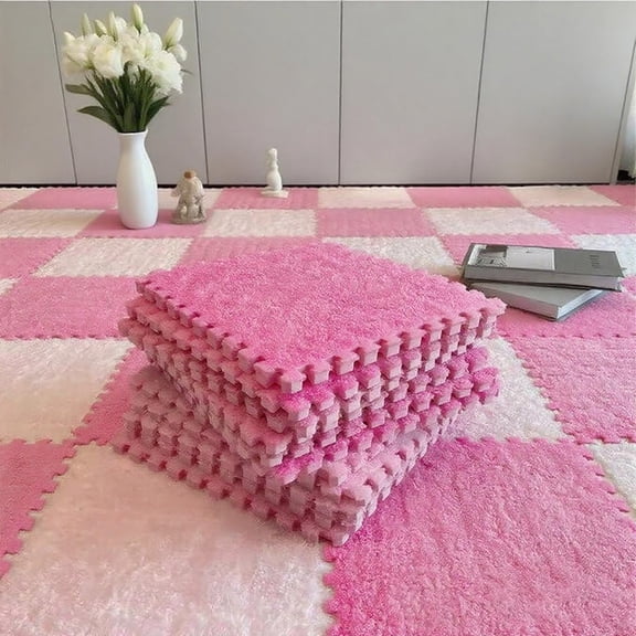 Fluffy Plush Foam Mat, 16pcs Interlocking Puzzle Carpet Tiles, Soft Anti-Slip EVA Foam Squares, 12"x12" for Bedroom, Playroom & Pet Area