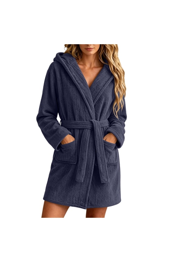Fluffy Plush Hooded Bathrobe For Women Long Sleeve Fleece Mini Robes Fall & Winter Casual Soft Shower Belted Robe With Pocket