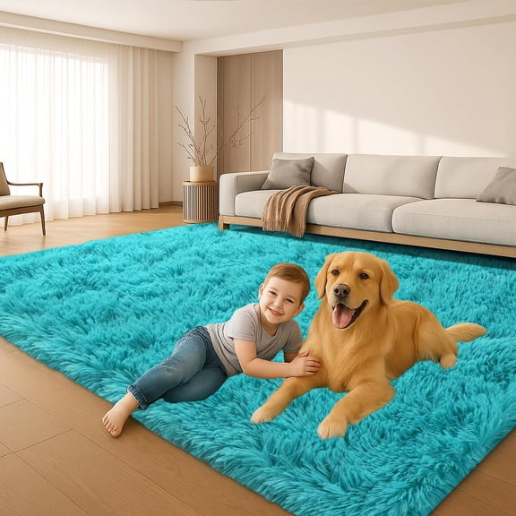 Fluffy Plush Shag Rug 5x7, Ultra Soft Rug for Living Room Bedroom, Non-Slip Fuzzy Area Rug for Living Room, Carpet for Girl Boy Kids,Modern Indoor Home Decor Aesthetic,Teal Blue