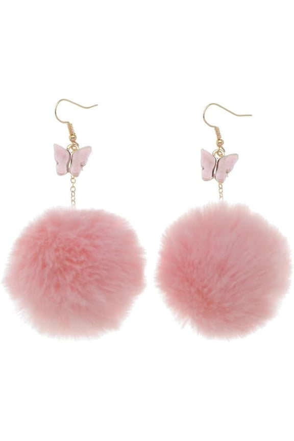 Fluffy Pom Earrings Colorful Butterfly Pom Pom Dangle Earrings for Women Long Chain Fluffy Fur Ball Tassel Drop Earrings Fashion Pom Ball Jewelry