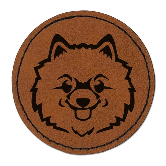 Fluffy Pomeranian Dog Head 2.5" Faux Leather Round Engraved Iron-On Patch - Brown