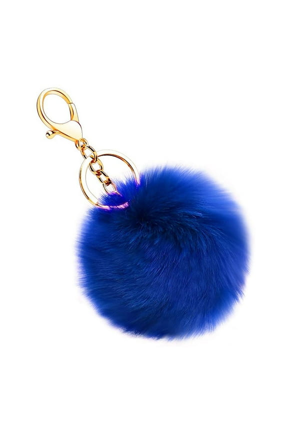 Fluffy Pompoms Keychain Faux Cute Fur Pompoms Keychain Artificial Fur Ball Keychain Faux Rabbit Fur Pompoms for Car Interior Bagpack Charm Puff Ball Keyring, 1Pc, Multicolor(Blue,3.1x3.1")