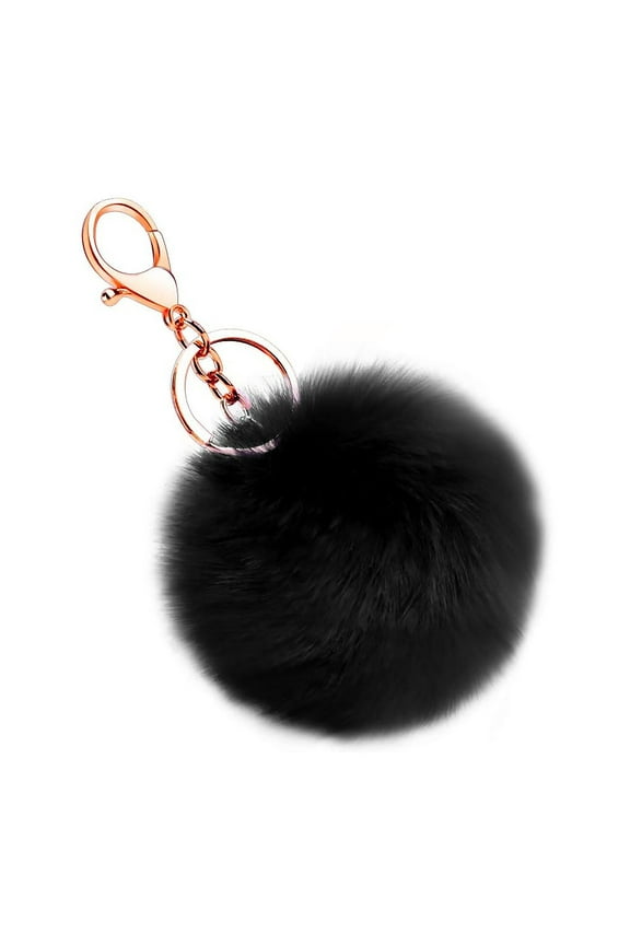 Fluffy Pompoms Keychain Faux Cute Fur Pompoms Keychain Artificial Fur Ball Keychain Faux Rabbit Fur Pompoms for Car Interior Bagpack Charm Puff Ball Keyring, 1Pc, Multicolor(Black,3.1x3.1")