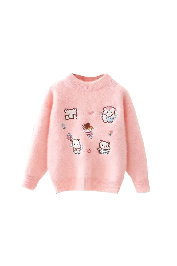 Fluffy Pullover Sweater Girls Size 8 Bear Embroidered Cotton Knit Sweaters Cute Long Sleeve Fuzzy Tops Pink, 3-4 Y