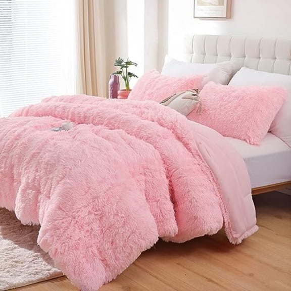 Fluffy Queen Comforter Set Faux Fur Pink Comforter Set Queen Size Luxury Fuzzy Bedding Set Soft Shaggy Bed Set Pink for All Season 3 Pieces - 1 Comforter 2 Pillowcases