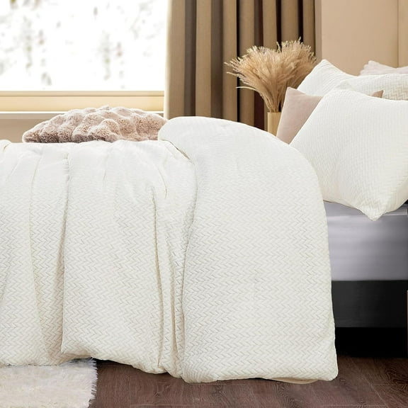 Fluffy Queen Comforter Set - Furry White Leaves Pattern Faux Fur Bed Set, Winter Ultra Soft Fuzzy Comfort Set, Velvet Bedding Set for Bed with 2 Pillow Cases