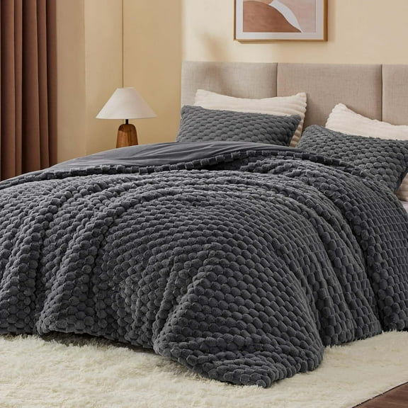 Fluffy Queen Comforter Set - Grey Fleece Soft Comforter for Queen Size Bed, Luxury Warm Bedding Set for Winter, Fuzzy Bed Set 3 Pieces (1 Comforter, 2 Pillowcases)