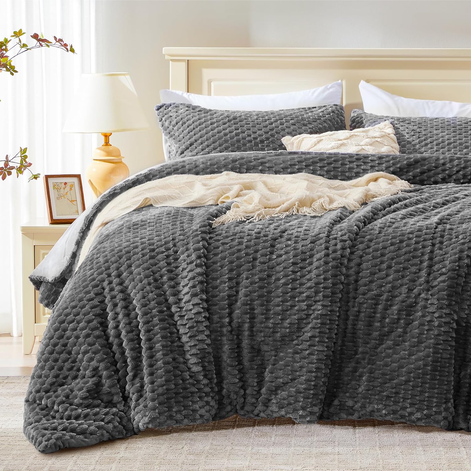 Fluffy Queen Comforter Set Grey Fleece Soft Comforter for Queen Size