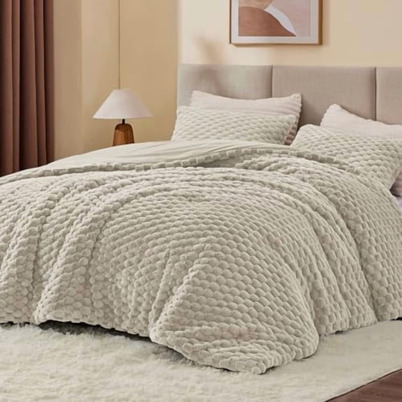 Fluffy Queen Comforter Set - Linen Fleece Soft Comforter for Queen Size Bed, Luxury Warm Bedding Set for Winter, Fuzzy Bed Set 3 Pieces (1 Comforter, 2 Pillowcases)
