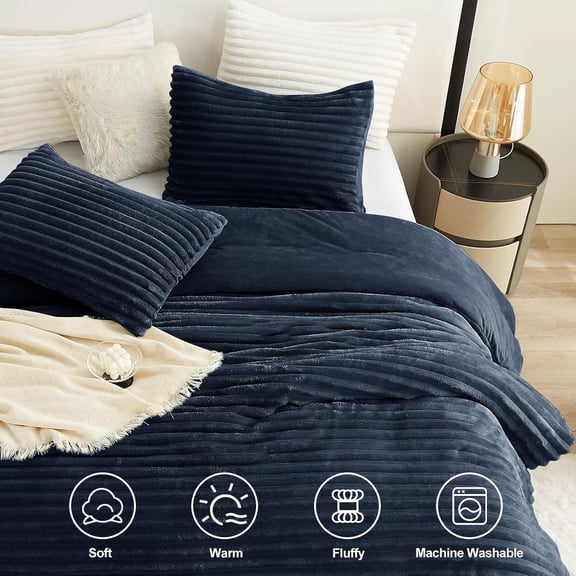 Fluffy Queen Comforter Set - Super Soft Faux Fur Navy Blue Winter Warm Fleece Bedding Set, 3 Pieces Plush Fuzzy Bed Set