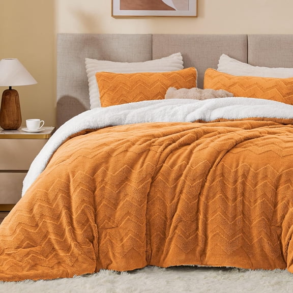 Fluffy Queen Comforter Set - Super Soft Sherpa Burnt Orange Comforter for Queen Size Bed, Luxury Warm Bedding Set for Winter, Fuzzy Bed Set 3 Pieces (1 Comforter, 2 Pillowcases)