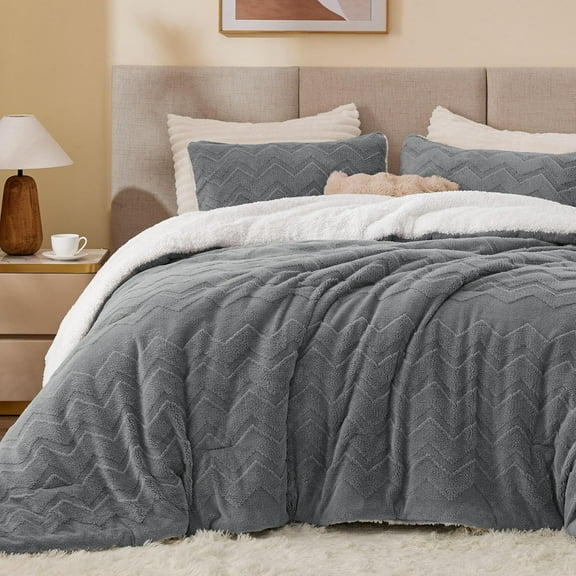 Fluffy Queen Comforter Set - Super Soft Sherpa Grey Bedding for Winter