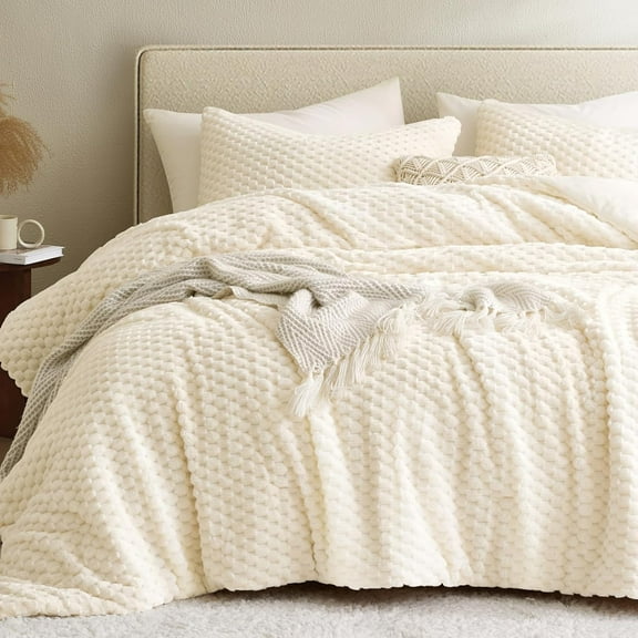 Fluffy Queen Comforter Set - Ultra-Soft Cream White Flannel Thick Comforter for Queen Bed, Luxury Warm Bedding Set for Winter & Fall, Cozy Fuzzy Bed Set,1 Comforter & 2 Pillowcases