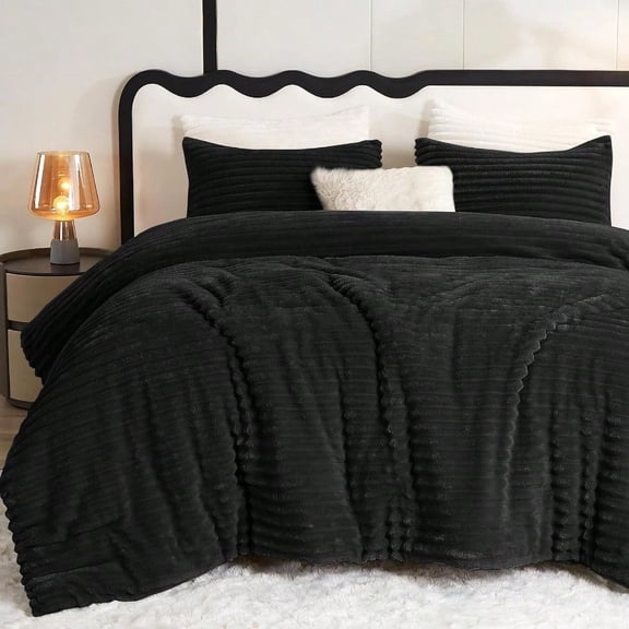 Fluffy Queen Comforter Set - er Soft Faux Fur Black Comforter Queen Size Winter Warm Fleece Bedding Set 3 Pieces Plush Fuzzy Bed Set 1 Shaggy Comforter 2 Pillowcases