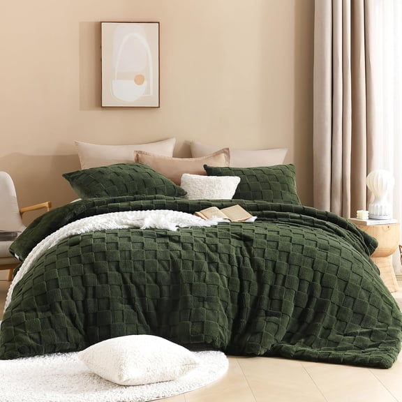 Fluffy Queen Size Comforter Set Olive Green 3 Pieces Warm Sherpa Fleece Winter Bedding Set Jacquard Checkered Plush Fuzzy Blanket