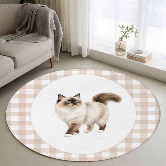 Fluffy Ragdoll Cat 3FT Round Area Rugs for Living Room Retro Modern Cat Beige Plaid Ultra-Thin Non-Slip Round Rugs Machine Washable Low Pile Circle Carpet for Bedroom Kitchen Nursery