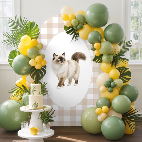 Fluffy Ragdoll Cat Arch Backdrop Cover 5 FT, Retro Modern Cat Beige Plaid Wedding Arch Cover Stretchy Backdrop Stands Covers for Birthday Party Ceremony Banquet Decor