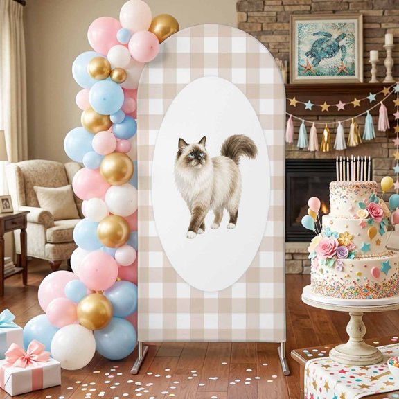 Fluffy Ragdoll Cat Arch Backdrop Covers 4 FT, Retro Modern Cat Beige Plaid Stretchy Fitted Arched Stand Covers Party Arch Stand Cover Photo Booth for Wedding Birthday Decor