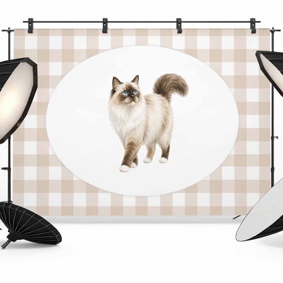 Fluffy Ragdoll Cat Backdrops for Photography, Retro Modern Cat Beige Plaid Fabric Photo Background Sturdy Studio Props for Photo Studio, Video Recording, Booth & Photoshoot 10x8ft