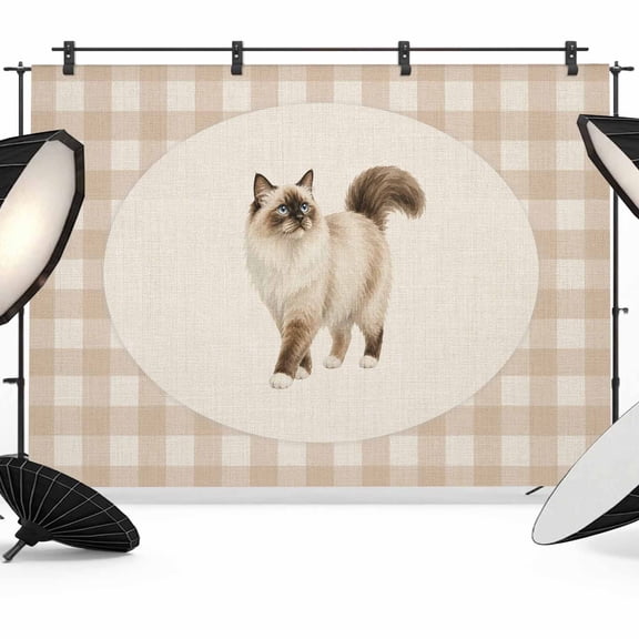 Fluffy Ragdoll Cat Backdrops for Photography, Retro Modern Cat Linen Plaid Fabric Photo Background Sturdy Studio Props for Photo Studio, Video Recording, Booth & Photoshoot 7x5ft