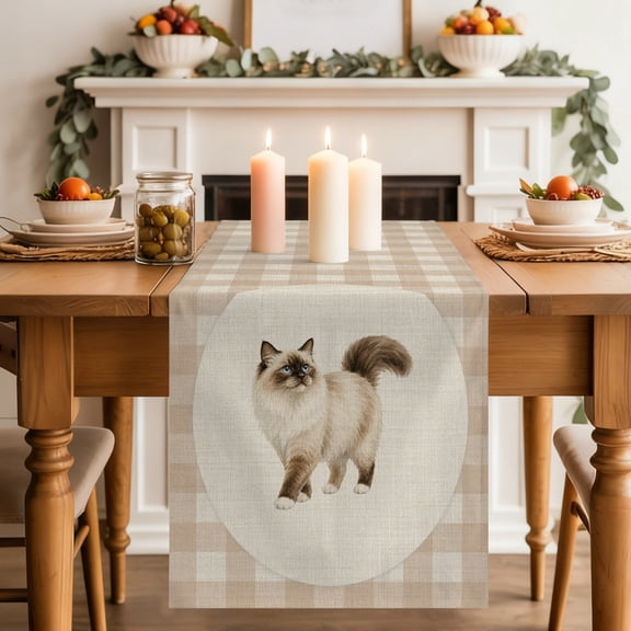 Fluffy Ragdoll Cat Dining Table Runner, Retro Modern Cat Linen Plaid Washable Table Runners Kitchen Coffee Table Center Decor for Home Party Holiday Wedding 13 x 36 Inches