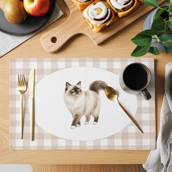 Fluffy Ragdoll Cat Placemats Set of 1, Retro Modern Cat Beige Plaid Non-Slip Place Mats Washable Table Mats for Kitchen Dining Table Decorations Indoor/Outdoor