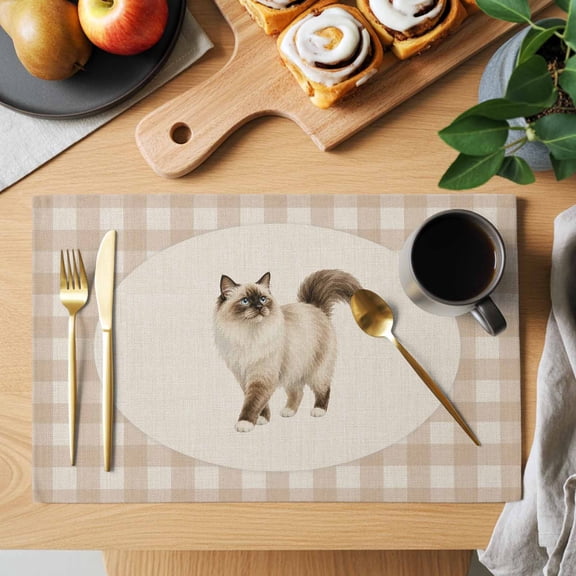 Fluffy Ragdoll Cat Placemats Set of 1, Retro Modern Cat Linen Plaid Non-Slip Place Mats Washable Table Mats for Kitchen Dining Table Decorations Indoor/Outdoor