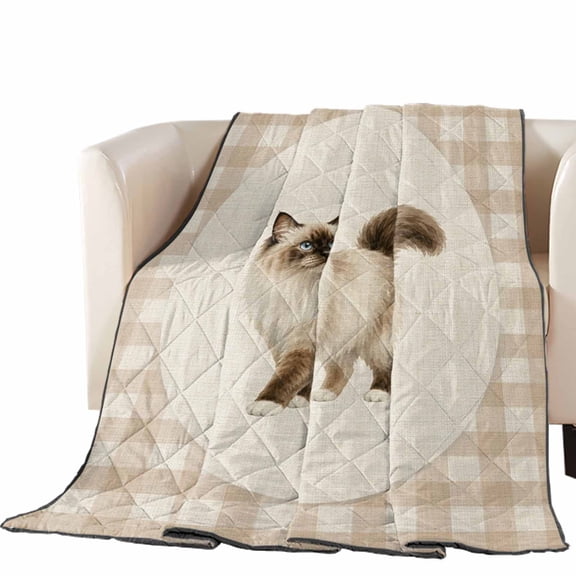 Fluffy Ragdoll Cat Quilted Comforters Cooling Blanket Oversized King Size, Retro Modern Cat Linen Plaid Cold Comfort for Hot Sleepers Lightweight Air Conditioning Quilt Blanket for Bed