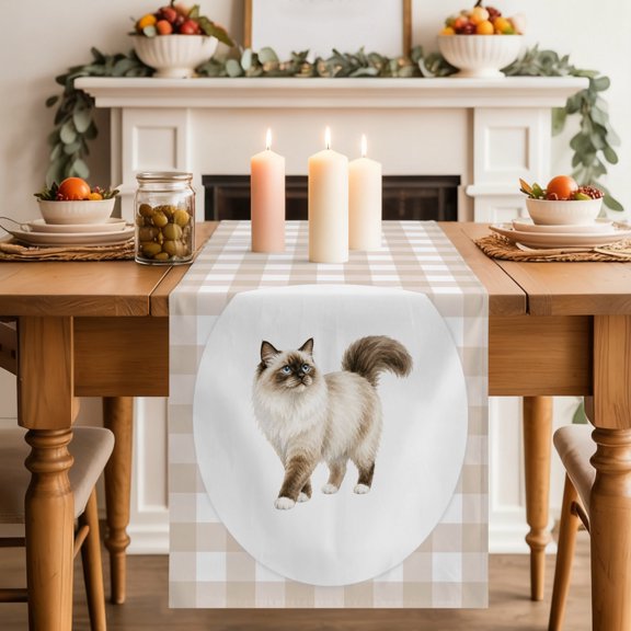 Fluffy Ragdoll Cat Table Runner 13x36 Inch Retro Modern Cat Beige Plaid Cotton Linen Dining Table Runner Ideal for Dresser Kitchen Coffee Tables - Machine Washable